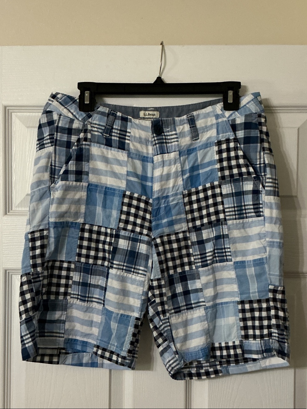 L.L. Bean Light and Navy Blue Patchwork Plaid Shorts